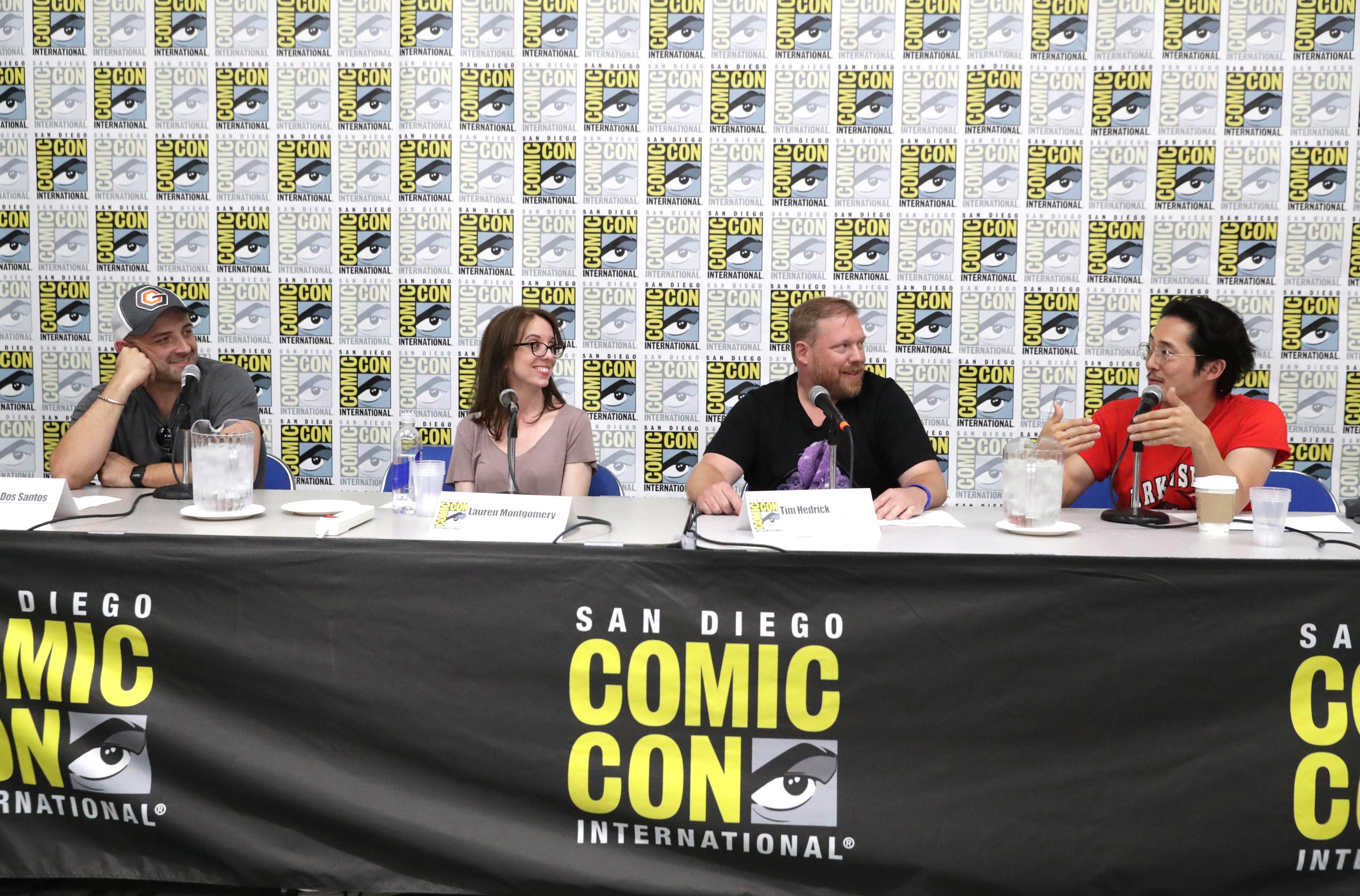 Director Joaquim Dos Santos, Director Lauren Montgomery, Writer Tim Hedrick and Steven Yeun speak at DreamWorks Animation "Voltron" Panel at 2016 Comic-Con on Thursday, July 21, 2016, in San Diego, Calif. (Photo by Eric Charbonneau/Invision for DreamWorks Animation/AP Images)