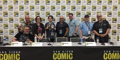 Captain Action SDCC 2019 Panel. Custom Contest Winner Joshua Grossberg pictured with Ed Catto (Captain Action Enterprises), Michael Polis (Atomic Toybox), J.C.Vaughn (The Overstreet Comic Book Price Guide), Daniel Pickett (Action Figure Insider), Scott Duniber (IDW), Meg Stivinson and Harold Sipe (Monster Games, LLC).