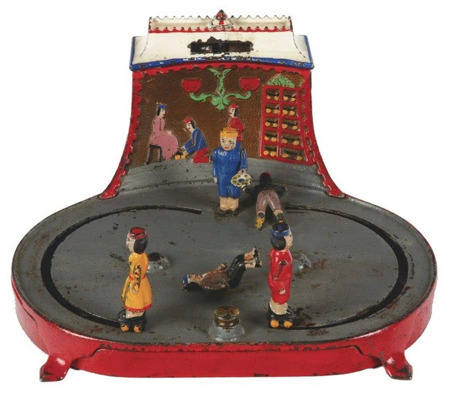 Kyser & Rex (Philadelphia) 'Roller Skating' cast-iron mechanical bank. Estimate $80,000-$120,000